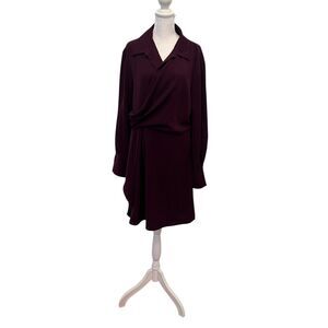 DKNY purple dress szM pleated long sleeves with cuffs faux wrap front EUC